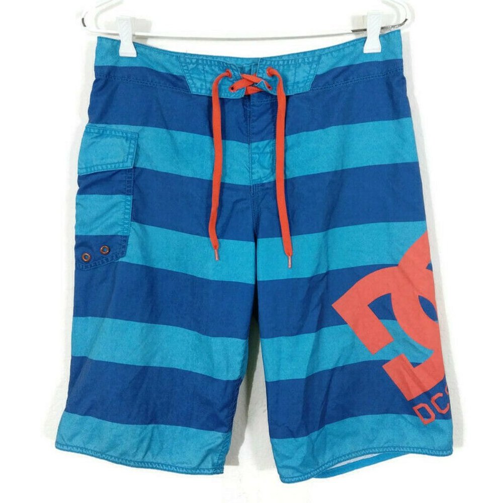 DC Shoes Men's Big Logo Stripes Board Shorts Swim Trunks Unlined Blue Size 30